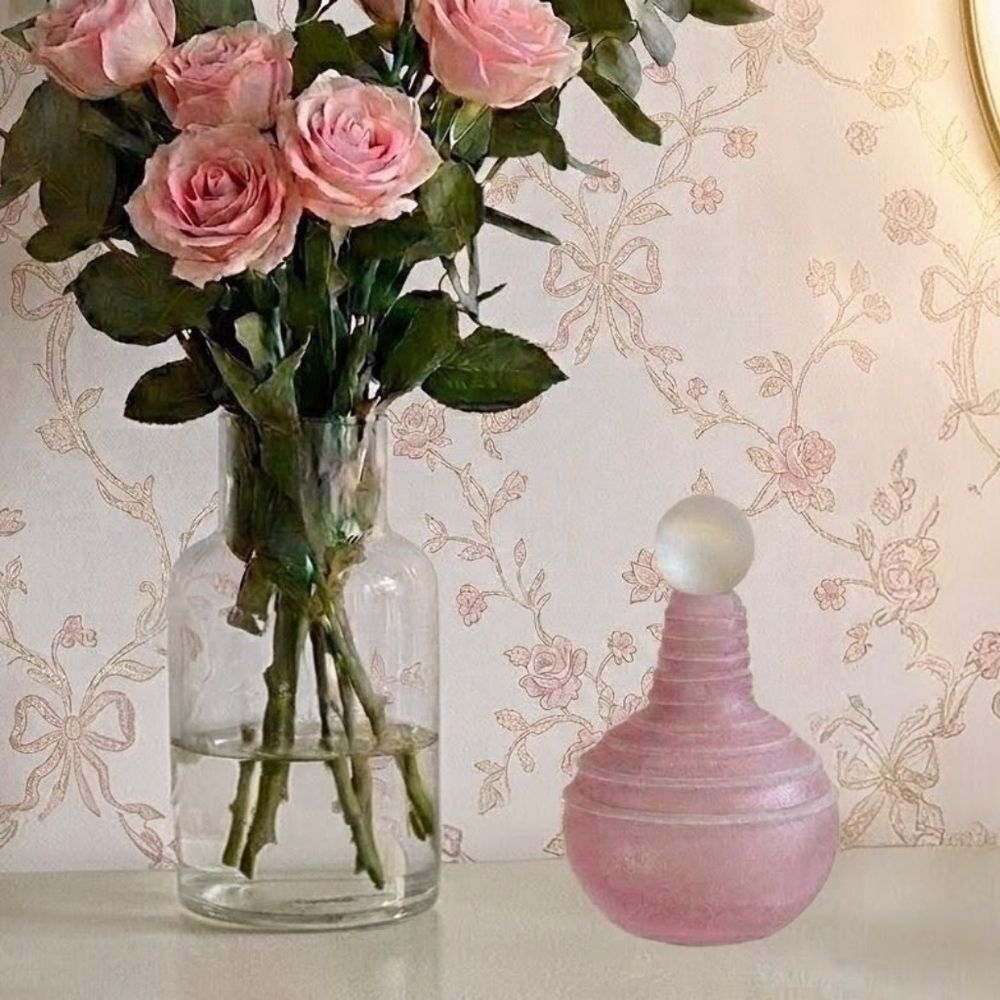 Vintage Frosted Pink Art Deco Style Glass Bottle with Frosted Stopper